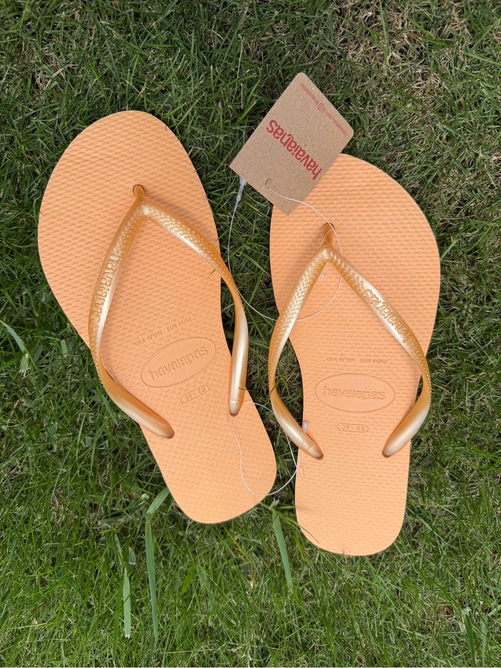 Havaianas Slim Flip Flops in Peach with Gold Straps